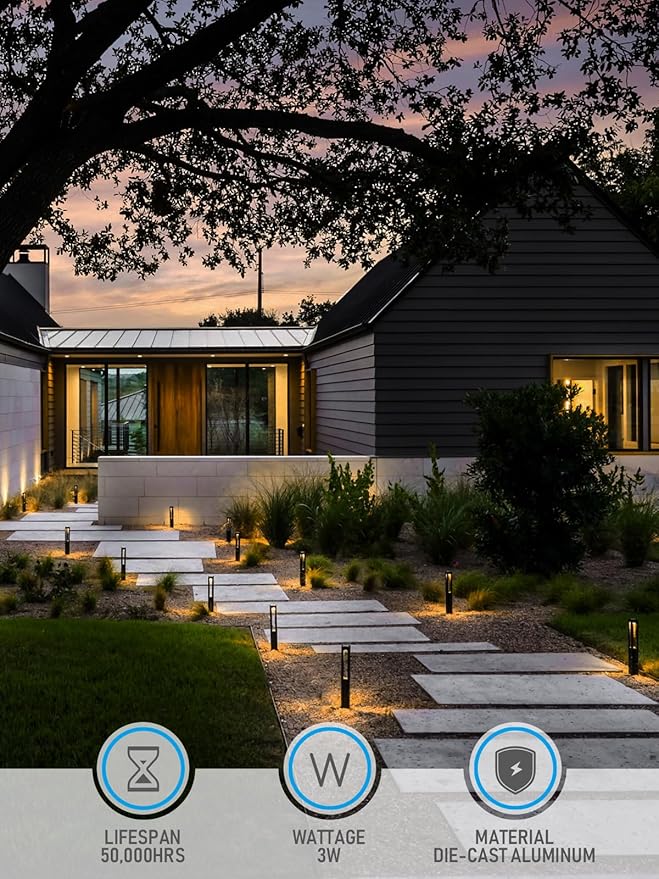LEONLITE 10-Pack Low Voltage Landscape Pathway Lights LED Bollard Path Lights 3W Outdoor Landscape Lighting for Driveway Garden Aluminum 12-15V AC/DC IP65 Waterproof 3000K Warm White Black