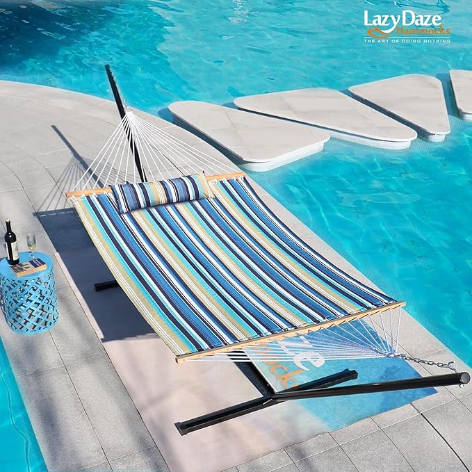 Lazy Daze Hammocks 12 FT Quilted Fabric Double Hammock with Spreader Bars and Detachable Pillow 450lbs Weight Capacity