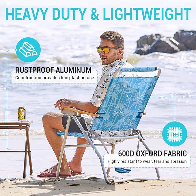 #WEJOY High Back Beach Chair 4 Position Adjustable Heavy Duty Aluminum Folding Backpack Camping Chairs with Wooden Armrest Storage Bag &amp Cup Holders for Outdoor Travel Fishing (Blue White)