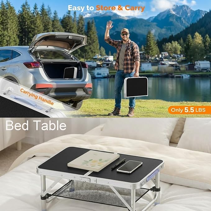 Small Folding Table Portable 2FT Camping Pinic Table with 3 Adjustable Height Aluminum Foldable Lightweight Patio Side Table with Carry Handle for Outdoor Hiking Camp BBQ Beach (Black)