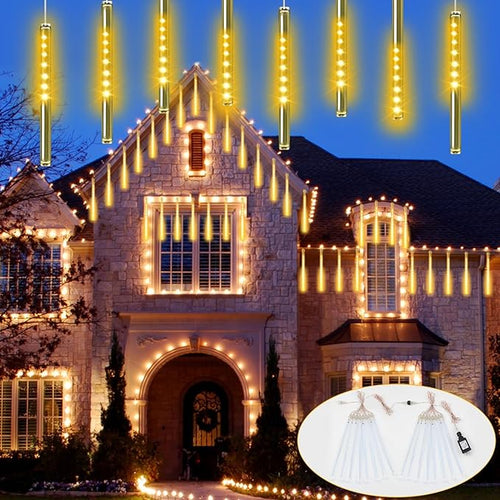2 Pack Extendable Christmas Lights Decorations Outdoor 16 Tubes 384 LEDs Meteor Shower Lights with Timer Cascading Falling Rain String Lights Plug in for Holiday Graden Tree Xmas Decor (Warm White)