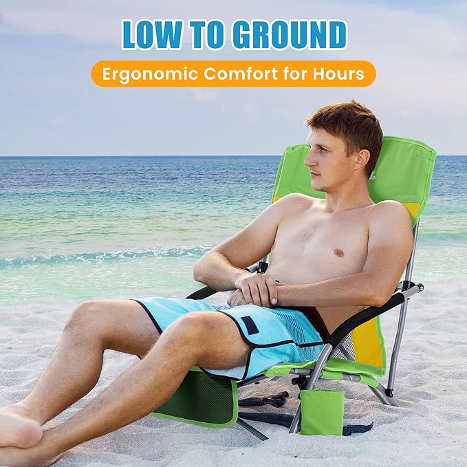Lamberia Folding Beach Chair for Adults 2 Pack Portable Low Beach Chairs with 300lbs Capacity Lightweight Fodable Camping Chair for Travel Picnic Concert &amp Outdoor ActivitiesGreen-Yellow