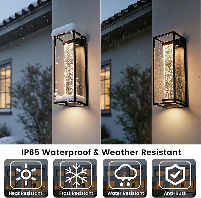 16 Inch Modern Outdoor Wall Sconce Matte Black Waterproof Exterior Wall Light with Metal Frame and Crystal Bubble Glass LED 3000K Warm White Lantern for Porch Garage Patio Lighting (2 Pack)