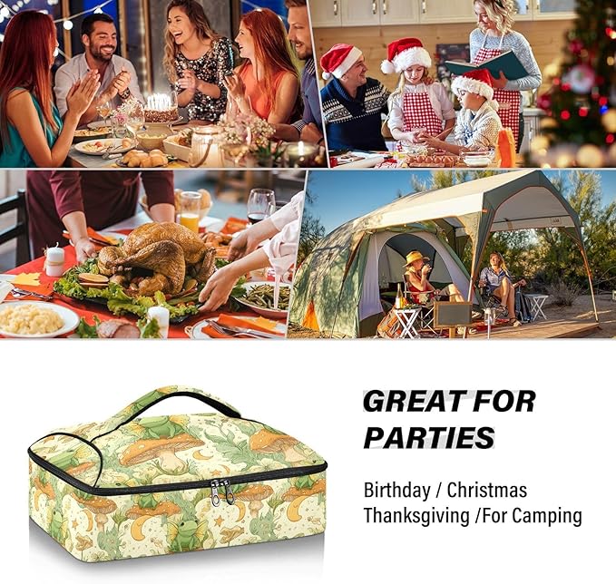 Casserole Carrier Mushroom and FrogInsulated Casserole Carrier for Hot or Cold Food Thermal Lunch Tote for Potluck Parties Picnic Beach Fits 9 x 13 Inches Baking Dish