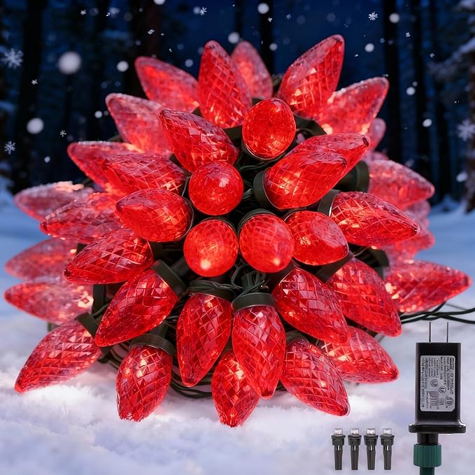 C9 LED Christmas Lights Outdoor33 Feet 50 LED 8 Lighting Modes Waterproof Connectable Christmas String Lights for Outside Roofline Patio Home Xmas Decorations (Red)