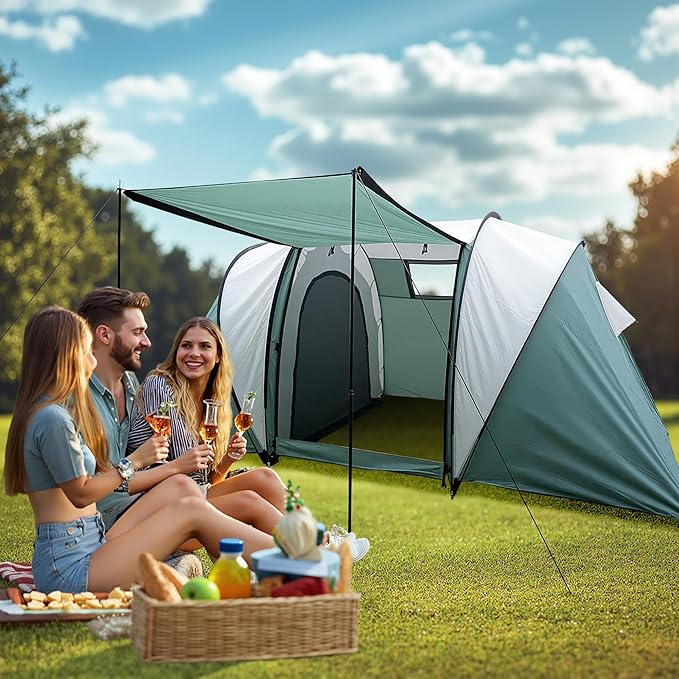Large Camping Tent Family Tent 4~5 People 177 * 87 * 71 inches Waterproof Mesh Roof 2 Bedrooms and 1 Living Room (8 Person Grmy Green+Gray)
