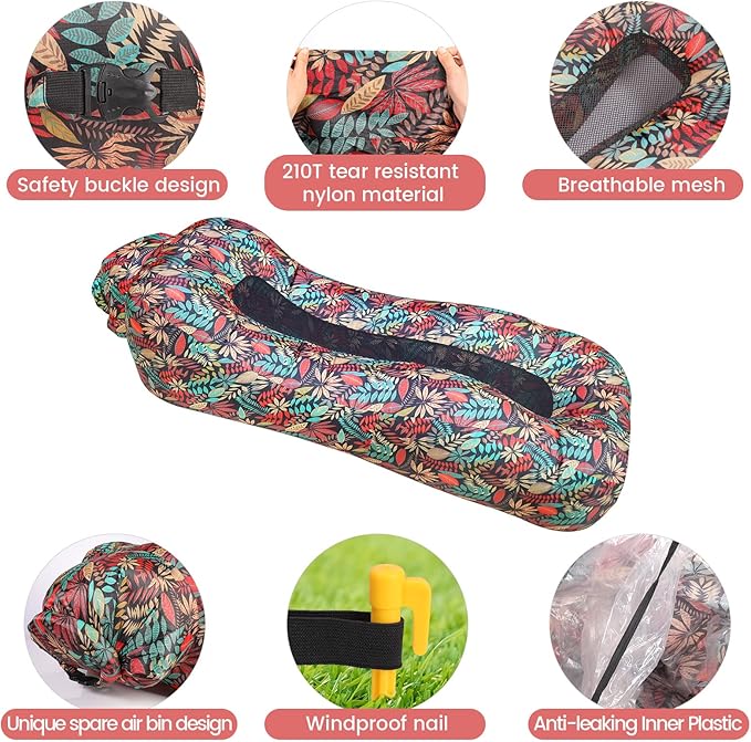 ele ELEOPTION Outdoor Inflatable Camping Couch Waterproof Portable Blow Up Air Sofa Chair Lounger for Backyard Beach Traveling Camping with Compression Sacks (Red Leaf Print)