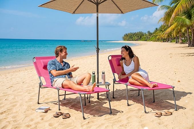 Tanning Chair with Face Hole Folding Beach Lounge Chair 5-Position Adjustable Backrest Face Down Chaise Lounge with Pillow and Side Pocket Portable for Poolside Patio Backyard Beach Pink
