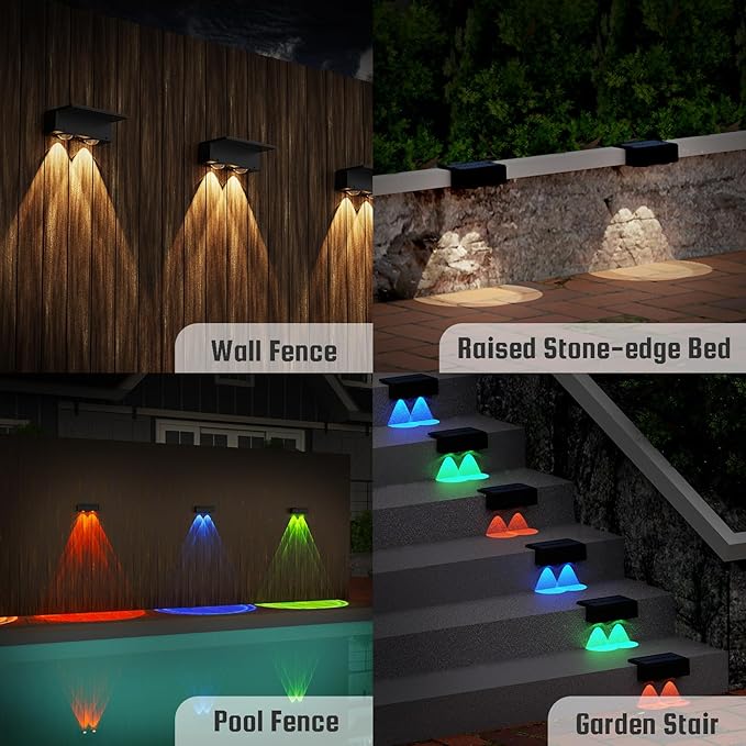8-Pack Multi-Color Solar Spotlights for Fence &amp Wall - 30 Lumen High Brightness 5 Modes (RGB Color Changing + Warm White) | Easy Mount for Steps Patio Yard - Matte Black
