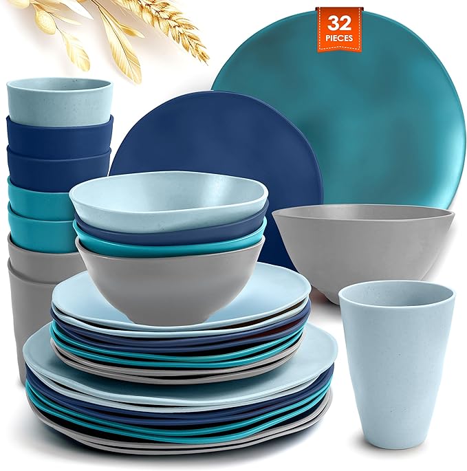 Teivio 32-Piece Kitchen Wheat Straw Dinnerware Sets for 8 Dinner Plates Dessert Plate Cereal BowlsCups Unbreakable Plastic Colorful Apartment Outdoor RV Camping Dishes Irregular Teal Ombre
