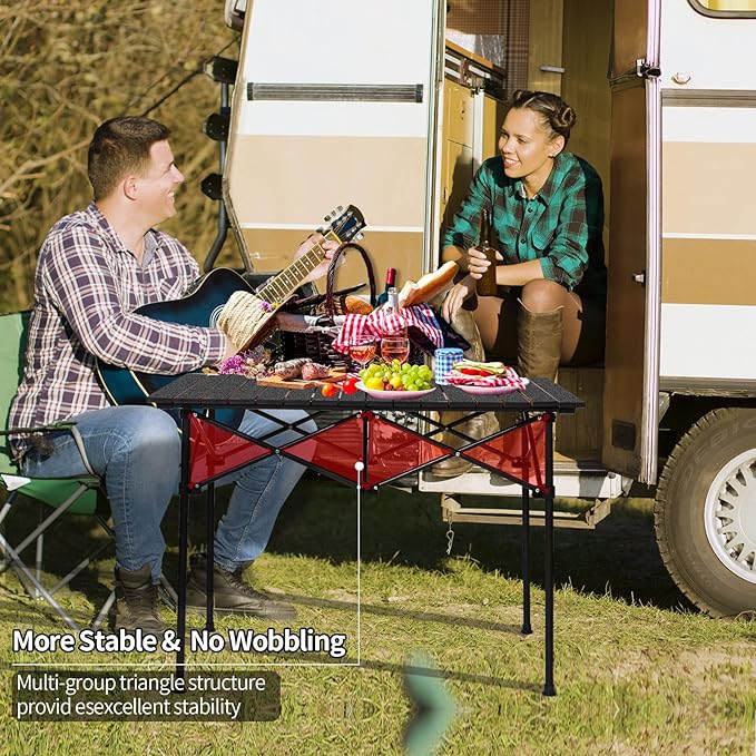 SHANQUAN Folding Camping Table 46.5 × 21.7 Inches Portable Camp Table Aluminum Fold Up Lightweight Roll Up Table Adjustable Height with Carry Bag for Camping Picnic Backyard BBQ Patio Black