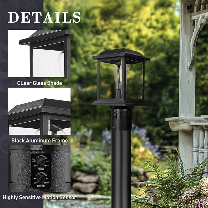 zeyu 12.2-Inch Outdoor Lamp Post Light Fixture 360° Detection 4 Modes Exterior Sensor Post Light Die-Cast Aluminum with Clear Glass Shade Black Finish 0409-P-SE BK