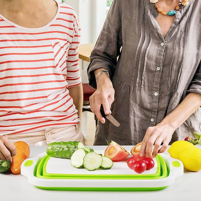 2 Pack Collapsible Cutting Board Foldable Dish Tub with Draining Hole Portable Chopping Board with Colander 3 in 1 Multifunction Camping Sink for Washing Dish Bowl Vegetables and Fruit