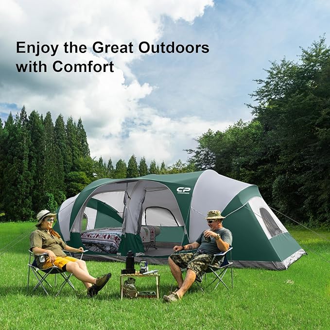 CAMPROS CP Tent 12-Person-Camping-Tents3 Room Family TentsWaterproof Windproof Family Tent with Top Rainfly6 Large Mesh WindowsDouble LayerEasy Set Up Portable with Carry Bag-20' x 9' x 72(H)