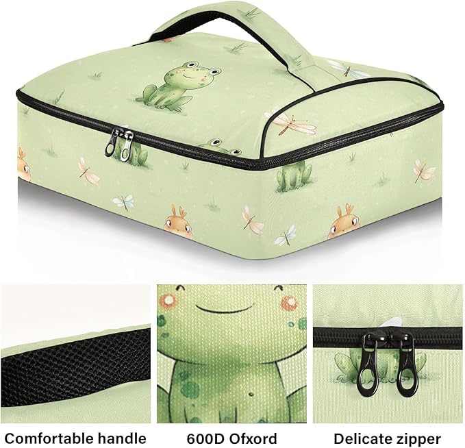 Casserole Carrier Frog and DragonflyInsulated Casserole Carrier for Hot or Cold Food Thermal Lunch Tote for Potluck Parties Picnic Beach Fits 9 x 13 Inches Baking Dish