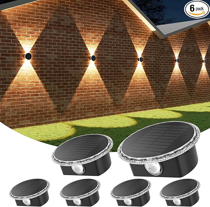 Ellasay Solar Fence Lights Outdoor: 360° Circular Lighting Solar Powered Wall Lights 12 Hours Long Runtime Up and Down Waterproof IP65 &amp 3 Modes High Brightness LED Focus Lens for Fence/Yard - 6 P