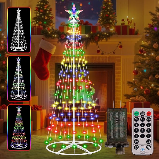Prelit Christmas Cone Tree with Lights 4FT 156LEDs Small Christmas Tree Light with Remote Control Timer 11 Lighting Modes Artificial Outdoor Christmas Tree for Yard Porch Lawn Decorations