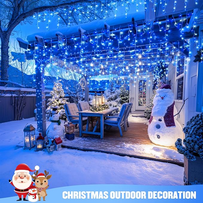 JMEXSUSS Blue&ampWhite Icicle Lights - 38.8FT 400 LED Icicle String Lights with Remote for Indoor/Outdoor House Bedroom Fireplace Birthday Christmas Decorations