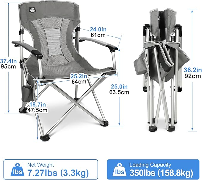 Lightweight Folding Hard Arm Camping ChairMesh BackHeavy DutyPadded Backpack Camp Chair w/Cup HolderCooler Bag for Adults Garden PartiesGrey