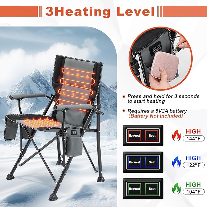 2 Pack Heated Camping Chair for Adults Outdoor Folding Heated Chair with Side Pocket and Cup Holder for Sports Lawn Hunting Picnics Patio Beach Power Bank Not Included