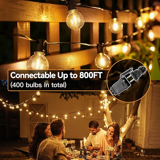 50FT Outdoor String Lights with Remote Dimmer 25 + 2 Spare Led G40 Bulbs Connectable Dimmable Balcony Lights Support Timer Waterproof Shatterproof for Patio Porch Garage Cafe