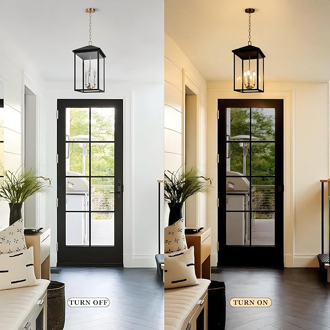 LamQee 21.2'' Large Outdoor Pendant Light Fixtures 3-Light Modern Black Exterior Ceiling Hanging Lantern with Gold and White Candle Outside Chandelier Lighting for Front Porch Entryway Patio Gazebo