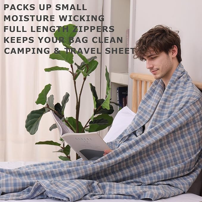 100% Cotton Sleeping Bag Liner with Full Length Zipper on 3 Sides Single/Double Adult Sleep Sack for Travel &amp Camping Multifunctional Travel Sheets (Unzipped 87”x87”) for Hotel Lightweight
