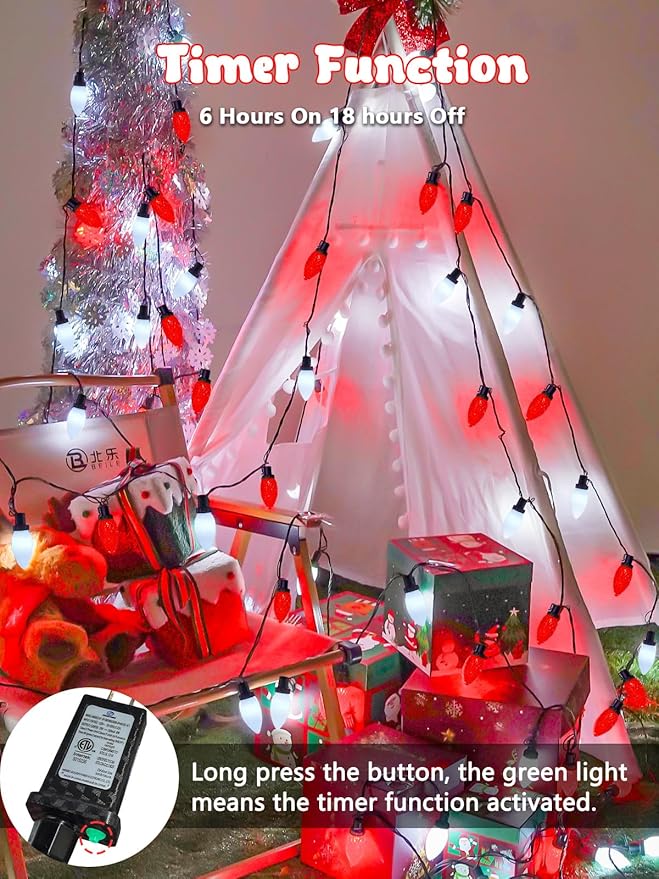 2-Pack Connectable C9 Christmas Lights Outdoor Indoor 66 FT 100 LED Christmas String Lights Plug in with 8 Modes &amp Timer Waterproof Fairy Twinkle Light for Xmas Tree Yard Decorations (Red and Wh