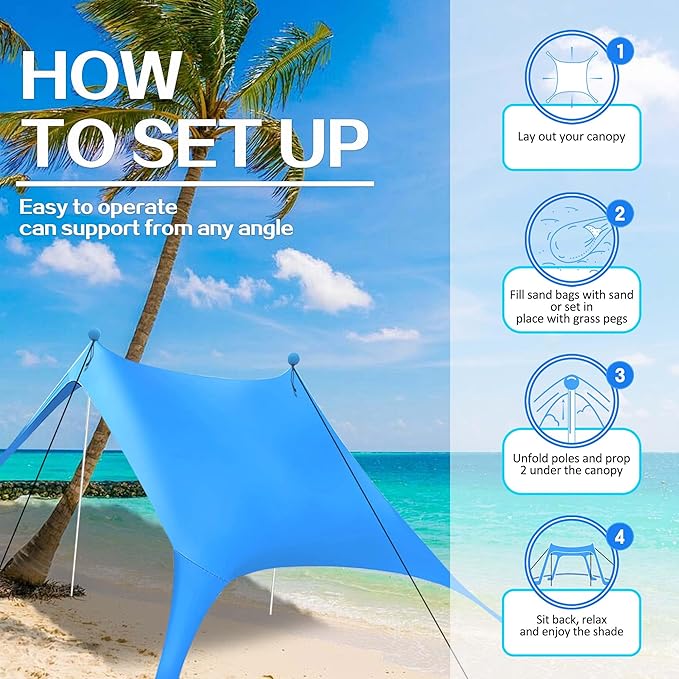 Beach Canopy Beach Tent Sun Shelter 7.5X7.5 FT Beach Shade Canopy UPF50+ Sun Protection Windproof Ropes Carry Bag Easy to Setup for Family Outdoor Camping