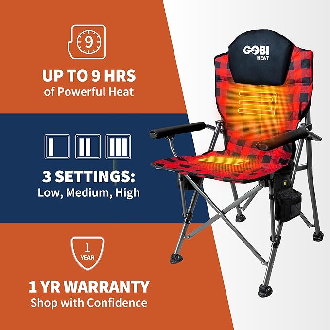 Terrain Heated Camping Chair - 9 hrs of Heat | with Battery &amp Charging Cable | 3 Heat Settings (Plaid)