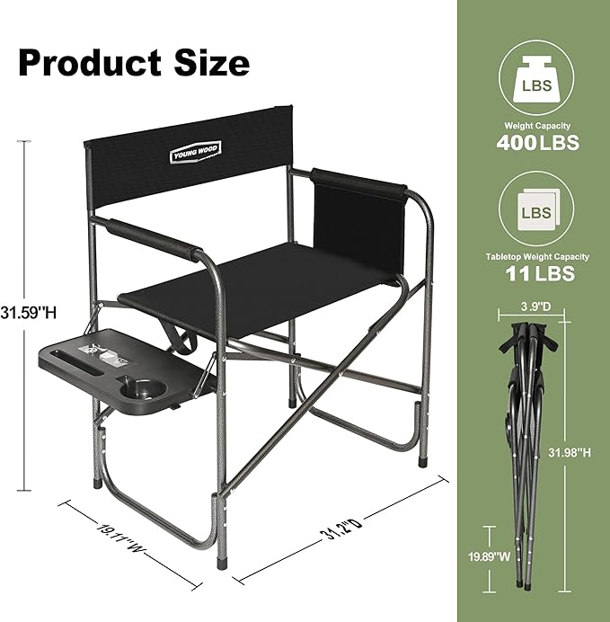 YOUNG WOOD Camping Directors Chair Lightweight Oversized Portable Folding Chair with Side Table and Storage Pockets for Outdoor Camping Lawn Picnic and Fishing Supports 400lbs (Black)