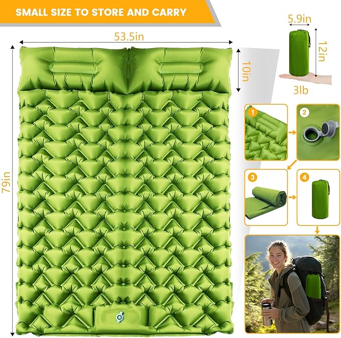 Double Sleeping Pad - Ultralight 4 Camp Mat with Integrated Foot Pump &amp Pillow for Effortless Camping Backpacking &amp Travel Comfort Camping Essentials