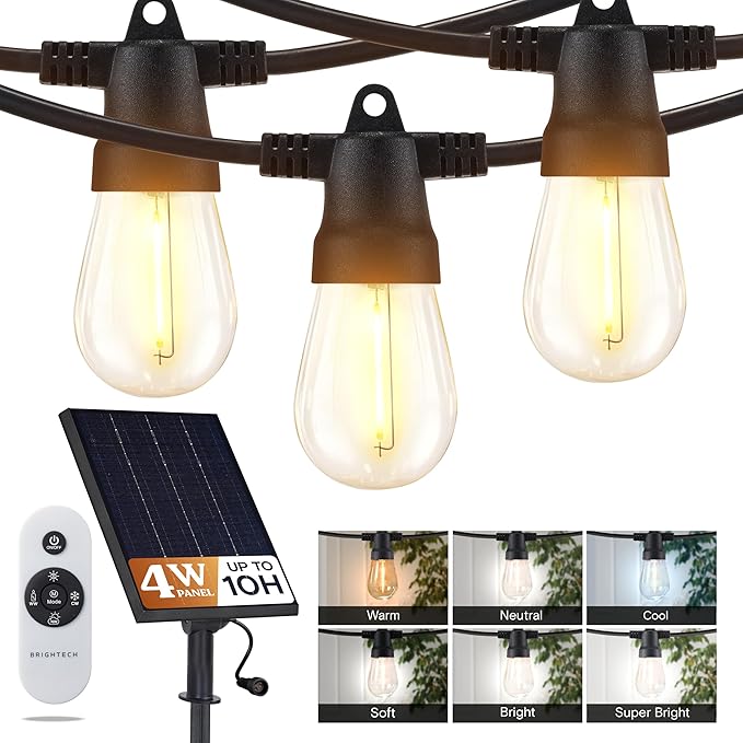 Brightech 48 (42+6) FT Ambience Pro Outdoor Solar String Lights - Bright Remote Control Color Adjustable Solar Light - Commercial Grade 15 Waterproof LED Bulbs for Patios Camping Yard Outside