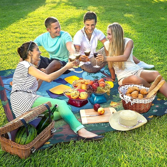 Waterproof Sandproof Beach Blanket 59''×68'' Scenery Camping Polyester Outdoor Picnic Blanket with 4 Stakes &amp Storage Bag for BeachCampingVacation Green