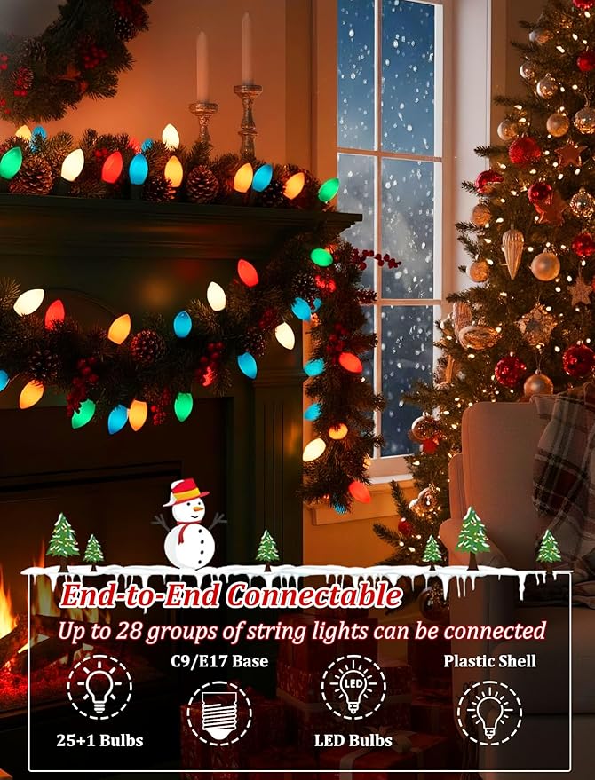 C9 LED Christmas String Lights 25FT Vintage String Lights with 27 C9 Multicolor Ceramic LED Bulbs Outdoor Hanging Christmas Lights for Xmas Tree Patio Party Roofline Decor - Green Wire