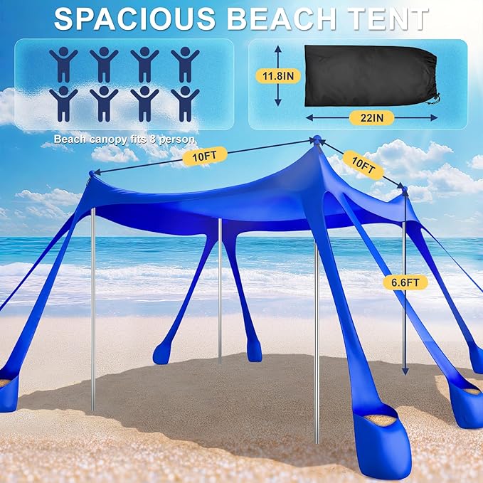 Beach Tent Sun Shelter UPF 50+10x10 FT Beach Canopy Tent Sun ShadePop Up Beach Canopy with 8 SandbagsOutdoor Beach Shade for Camping Trips Fishing Backyard Fun Picnics (Royal Blue)