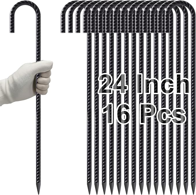 VVOKGO Rebar Stakes 24 Inch J Hook Heavy Duty Ground Anchors (16pcs) 3/8 Inch Diameter Metal Steel Extra Long Fence Stakes with Chisel Point End for Greenhouse Gazebo Carport Camping Tents Black