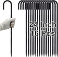 VVOKGO Rebar Stakes 24 Inch J Hook Heavy Duty Ground Anchors (16pcs) 3/8 Inch Diameter Metal Steel Extra Long Fence Stakes with Chisel Point End for Greenhouse Gazebo Carport Camping Tents Black