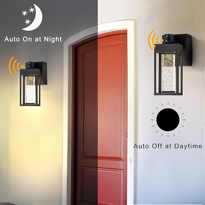 ALOADECOR 1 Light LED Modern Matte Black Dusk to Dawn Sensor Outdoor Wall Lantern Coach Sconces with Seed Glass and Built-in 2 GFCI Outlets Exterior Wall Mount Light for Garden Patio Front Door