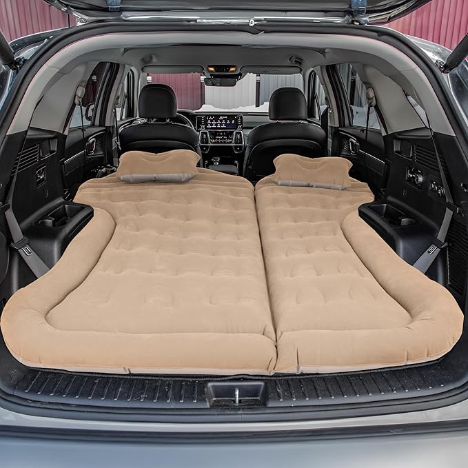 Wakeman Inflatable Mattress - Car Air Mattress for SUV or Tent with Aux Outlet Pump and 2 Inflatable Pillows - Car Camping Gear Outdoors (Beige)