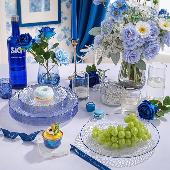 Rubtlamp 60Pcs Blue Easter Plastic Plates Clear Disposable Plates With Blue Rim Heavy Duty Party Plates Hammered Fancy Plates Include 30 Dinner Plates 30 Dessert Plates For St Patricks Day