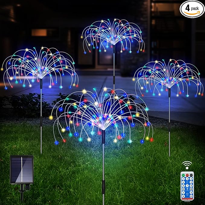 Outdoor Solar Garden Lights 4 Pack 120 LED Copper Wire Waterproof Garden Fireworks Lamp with Remote 8 Modes Decorative Sparkles Stake Landscape Light for Pathway Lawn Decor (Colorful)