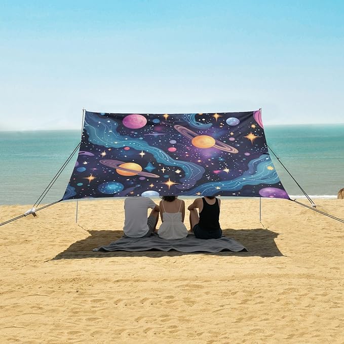 Cartoon Galaxy Beach Tent Sun Shelter 9.2' x 10.5' Beach Canopy with 4 Sandbags 4 Stability Poles Sand Shovels - Tent Canopy for Beach Camping Fishing Picnics
