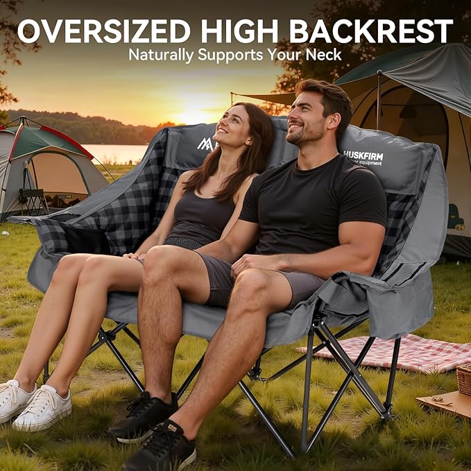 Padded Double Camping Chair High Back 2 Person Camping Chair Oversized Camping Loveseat Support 800LBS Heavy Duty Camping Couch with Cup Holders Cooler Carry Bag Blue