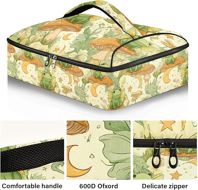 Casserole Carrier Mushroom and FrogInsulated Casserole Carrier for Hot or Cold Food Thermal Lunch Tote for Potluck Parties Picnic Beach Fits 9 x 13 Inches Baking Dish