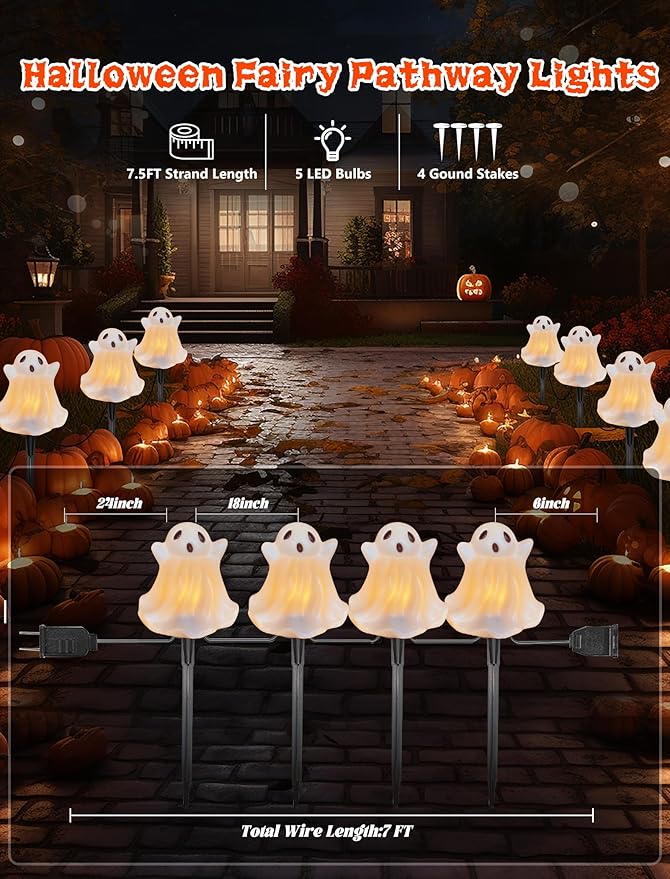 Halloween Pathway Lights Outdoor Decorations 4PCS 3D Light-Up Ghost Garden Stake Lights Waterproof Outdoor Lights for Yard Lawn Driveway Halloween Decor