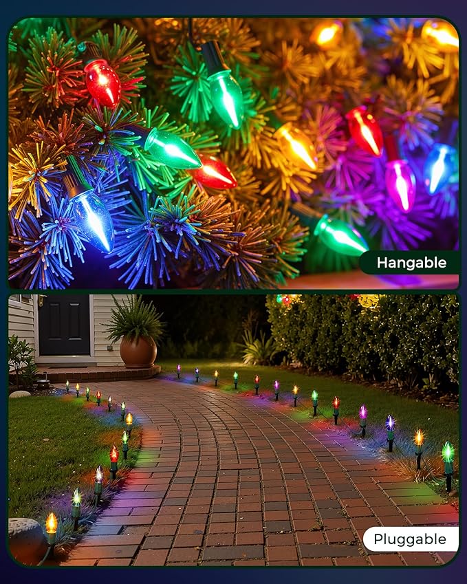 C9 Christmas Lights Outdoor 2 Packs Total 51.4 Ft Christmas Pathway Lights with 40 LED Bulbs and Stakes Outdoor Decorations Yard Walkway Sidewalk Holiday Multicolor