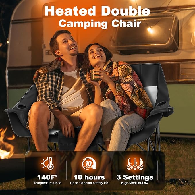 Heated Double Camping ChairDual Control SwitchesHeated Camping Chair with 3 Heat Levels Heated Folding Chair Supports 550 lbs for Outdoor Sports Lawn Picnics