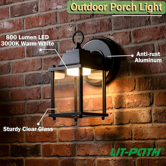 LIT-PaTH Outdoor LED Wall Lantern Wall Sconce Exterior Porch Lighting Fixture 3000K Warm White 9.5W 800 Lumen Aluminum Housing Plus Glass Black Finish 2-Pack