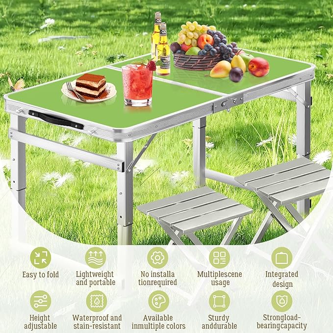 DEOMAi 4ft Folding Table without Installation Indoor Outdoor Adjustable Height foldable Table with Carrying Handle Suitable for Camping Picnics PartiesBanquets and Various other Occasions (Green)